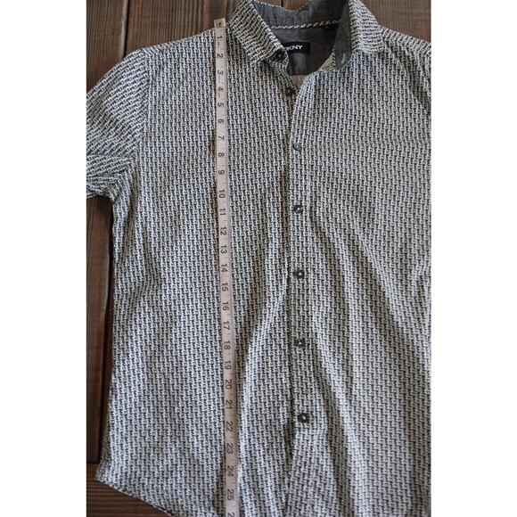 DKNY Shirt Mens Medium Black White Long Sleeve Button Up Allover Logo Pattern - Picture 6 of 8